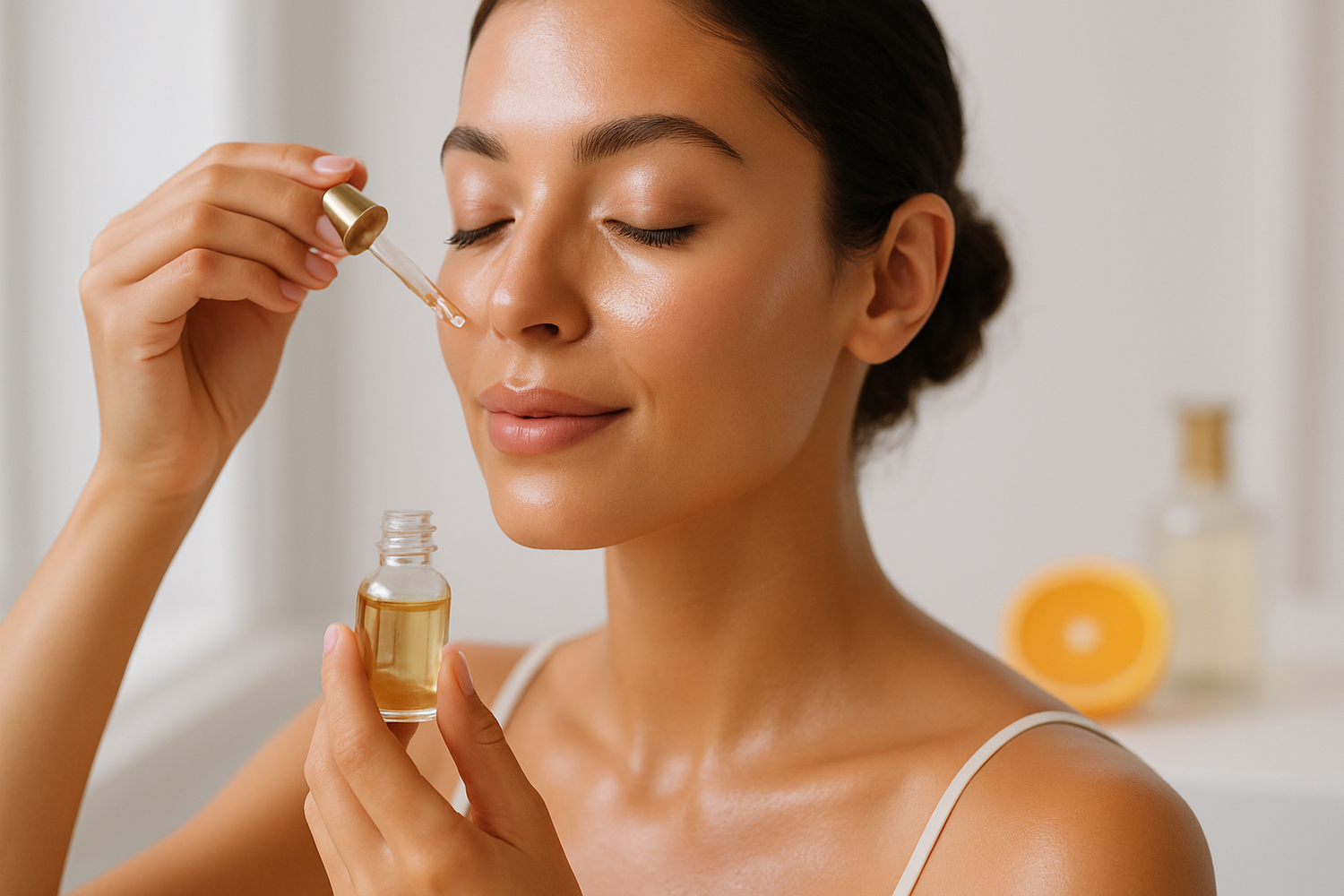 A close-up of a woman with radiant, glowing skin applying serum by a window with soft natural light. Minimalist white background with hints of gold or citrus elements.