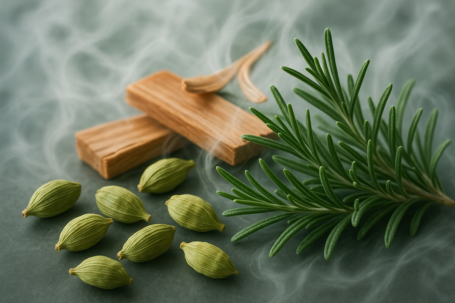 Artistic image of fresh herbs and spices — cardamom pods, rosemary sprigs, cedarwood pieces, soft mist effect to evoke freshness.