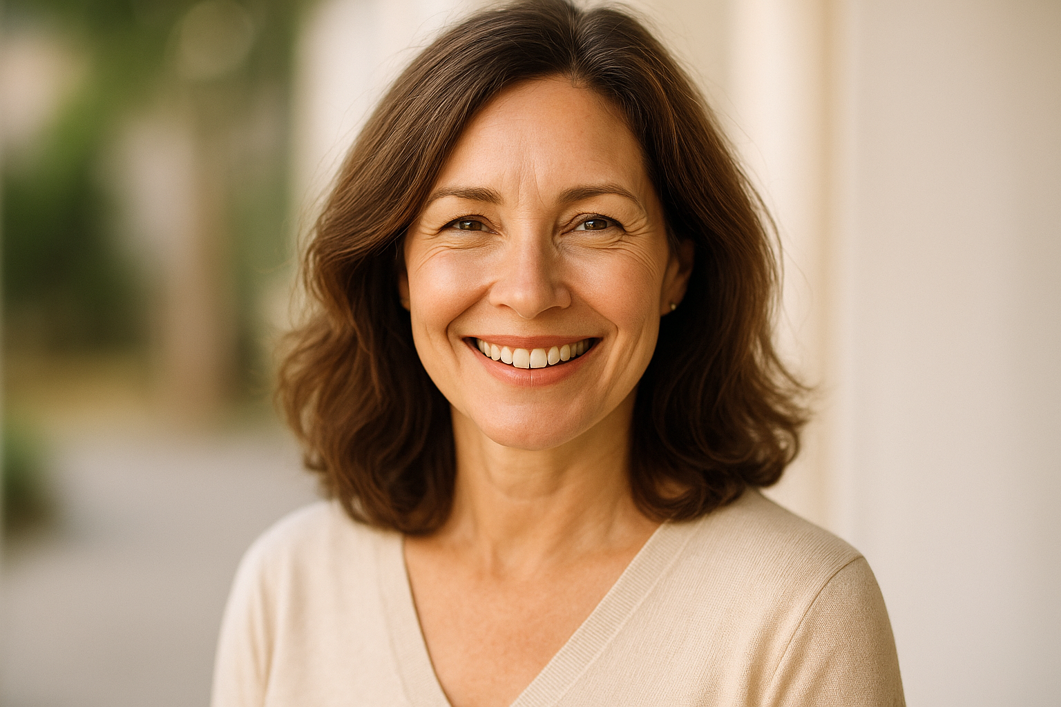 Banner Image: A confident woman in her 40s–50s smiling naturally in daylight.