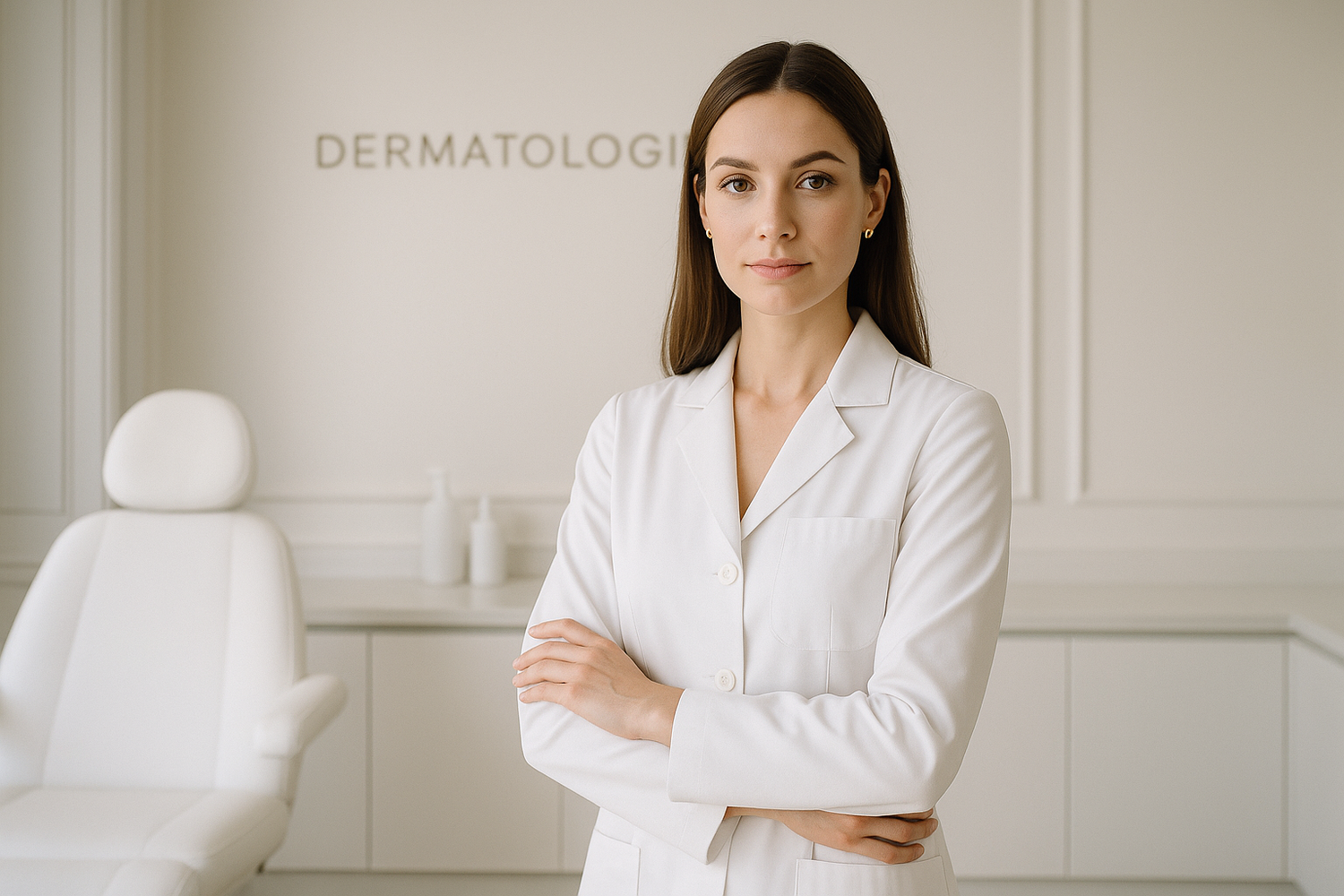 Clean, minimal portrait of a dermatologist in a white coat, chic European-style clinic