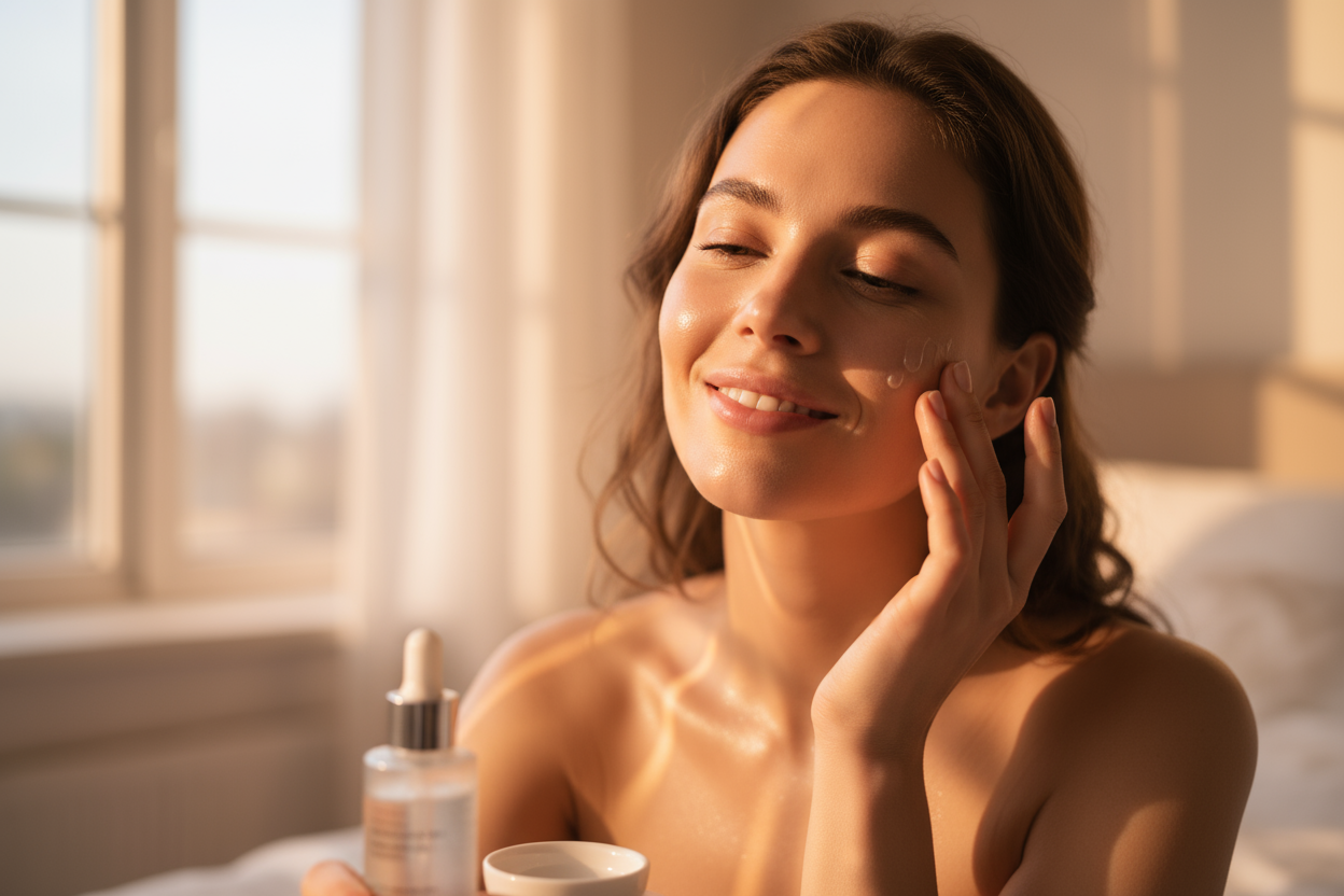 Close-up of a woman with glowing, smooth skin under soft morning light, applying serum with a relaxed smile.