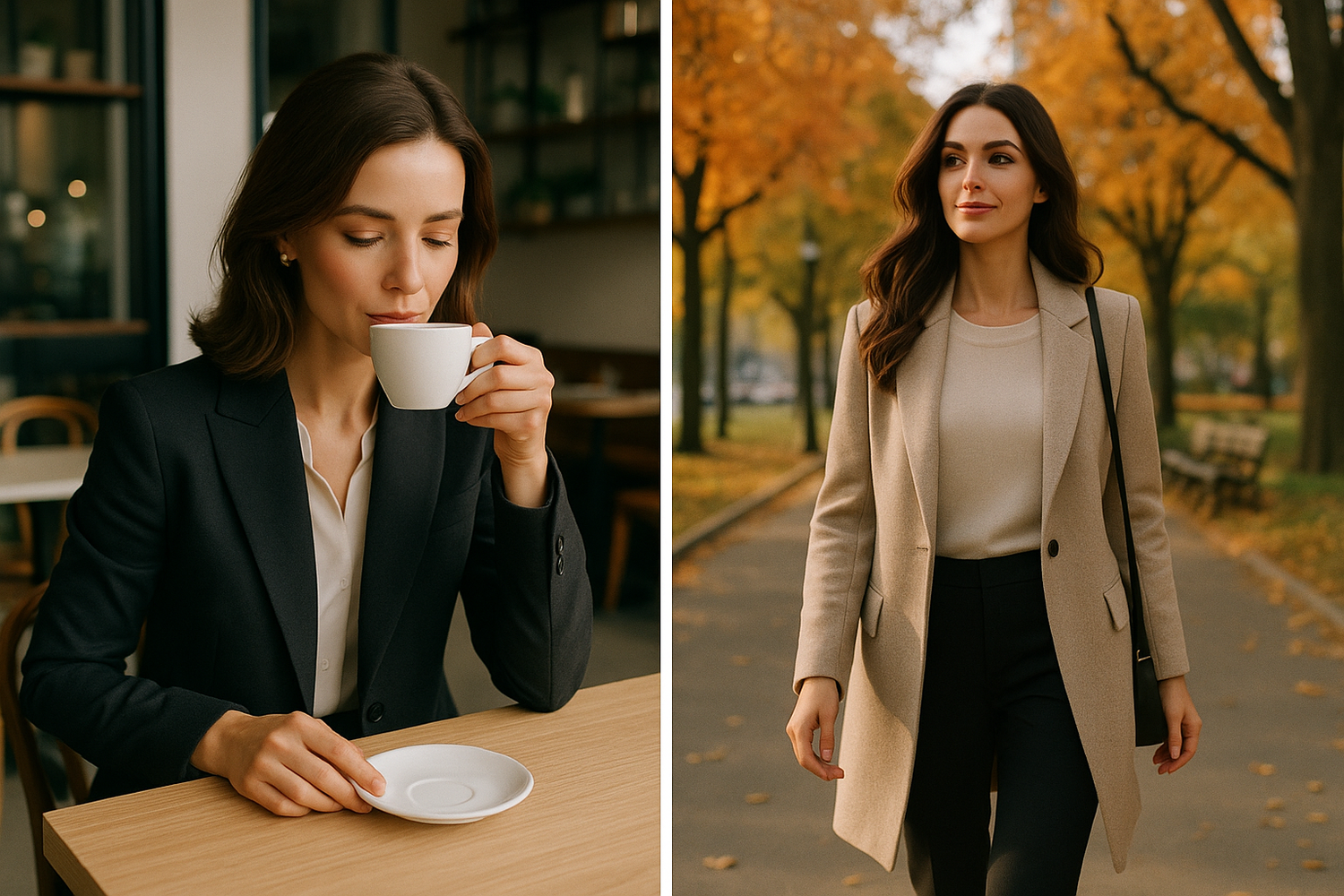 Elegant women in professional and leisure settings (e.g., sipping coffee, walking outdoors)
