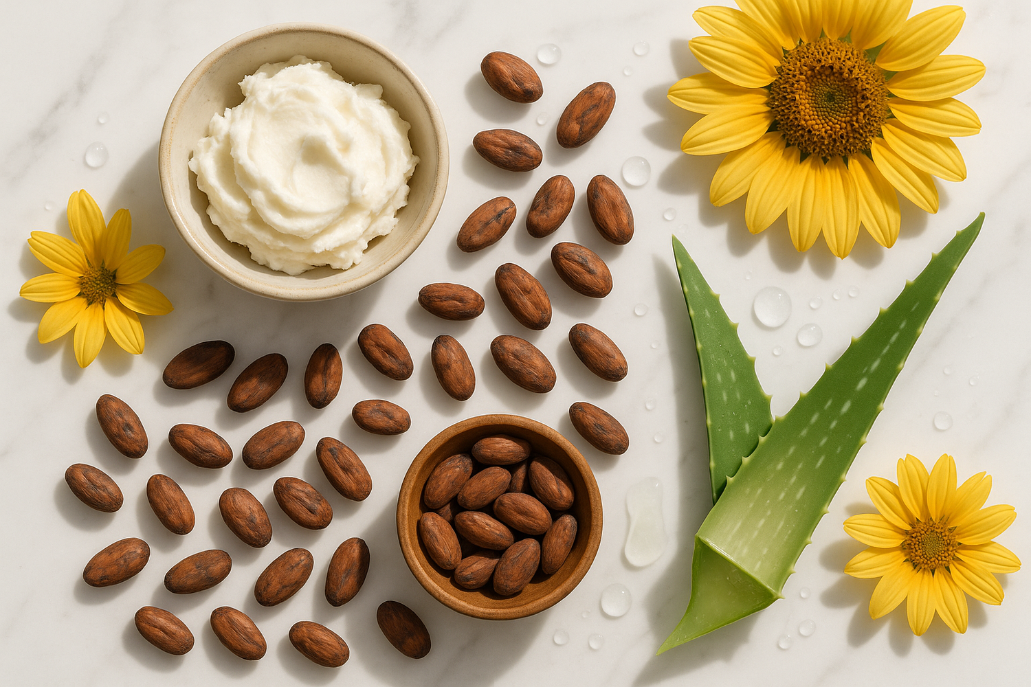 Flat lay of ingredients styled elegantly: bowls of shea butter, cocoa beans, aloe leaf cut, sunflower heads, water droplets.
