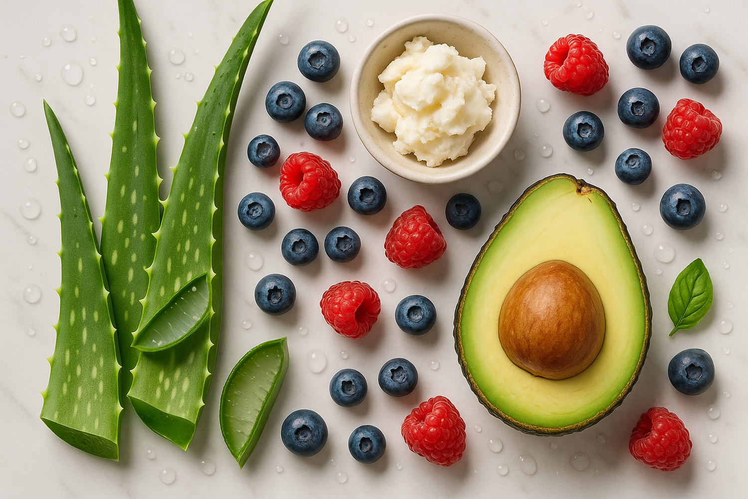 Flat lay of natural ingredients (aloe, shea butter, berries, avocado, water droplets).
