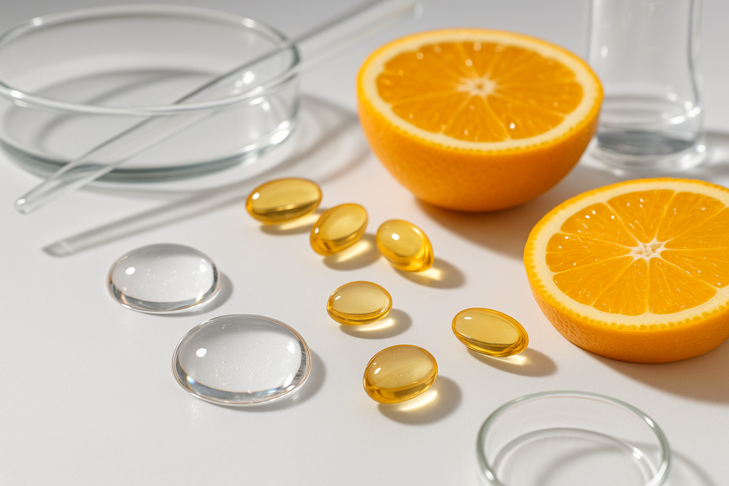 Macro shot of serum droplets with light reflections; oranges, vitamin capsules, and glass labware for a clean-science aesthetic.