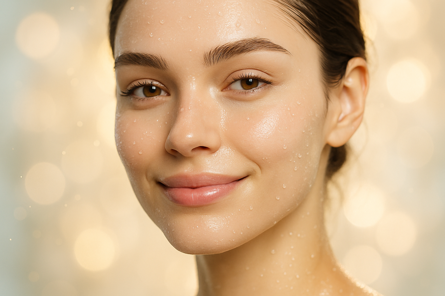 Model with dewy, hydrated skin smiling softly; water droplets or a glowing background suggesting moisture and vitality.