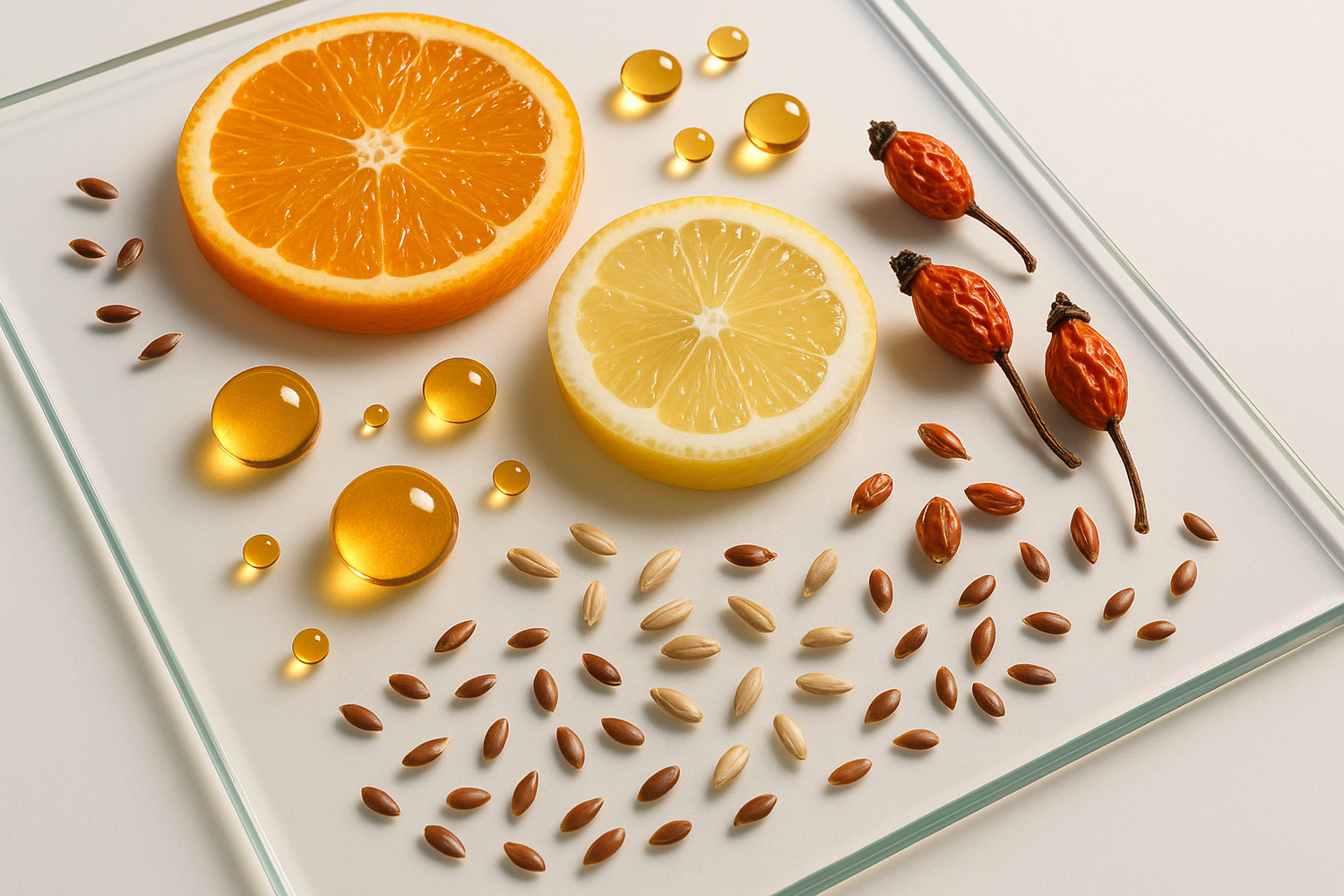 Stylized shot of serum ingredients — sliced citrus, amber oil drops, rosehips, and seeds on a clean glass surface.