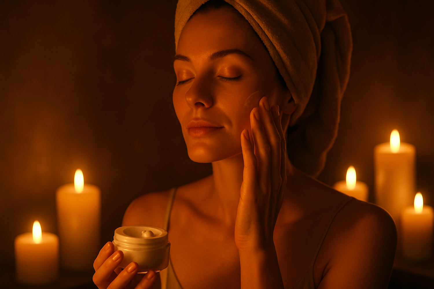 woman applying night cream candlelight